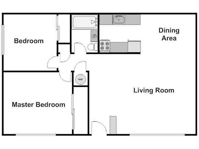 Floor plan for 2 beds, 1 bath, 850 sqft